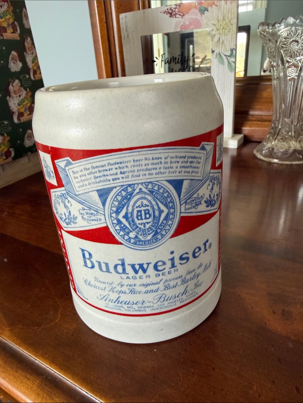 Budweiser Ceramic Stein with Red, Blue, White Label Ceramarte